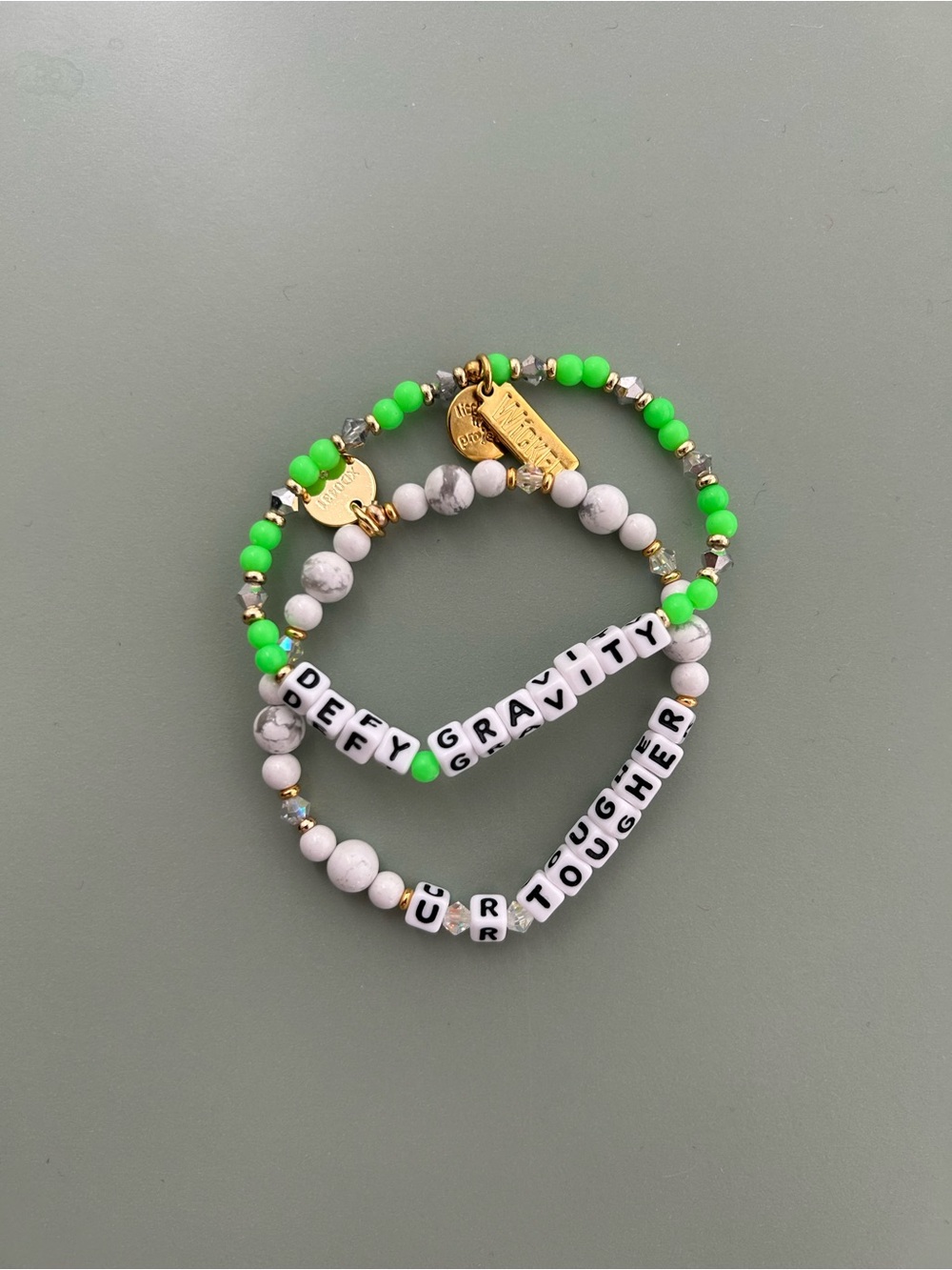 Defy Gravity & You Are Tougher Stacked Beaded Bracelet Set - Neon Green & White